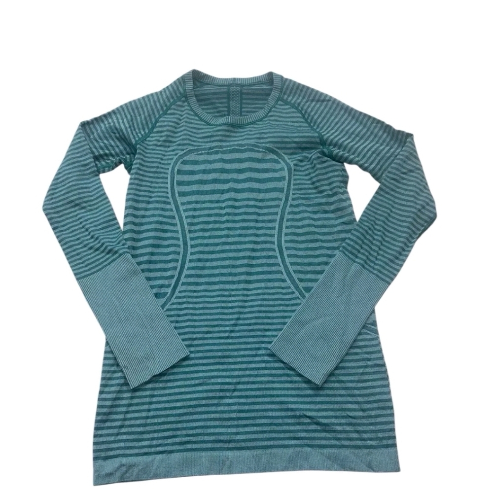 lululemon athletica Swiftly Tech  Womens Green Long Sleeve Striped Top. 8